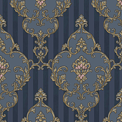 Galerie Wallcoverings Product Code 4607 - Italian Glamour Wallpaper Collection - Blue Gold Colours - Damask over Stripe Design