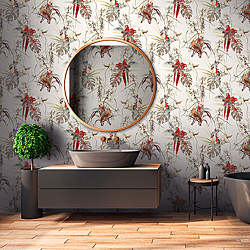 Galerie Wallcoverings Product Code: BW51028R - Blooming Wild Wallpaper Collection Galerie Wallcoverings Product Code BW51028R - Blooming Wild Wallpaper Collection - Cream Red White Colours - Exotic Parrot Motif Design