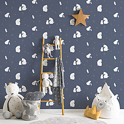 Galerie Wallcoverings Product Code ND21100R - Little Explorers Wallpaper Collection - Dark Blue White Gold Colours - Dark Blue Mummy Bear and Baby Bear Design